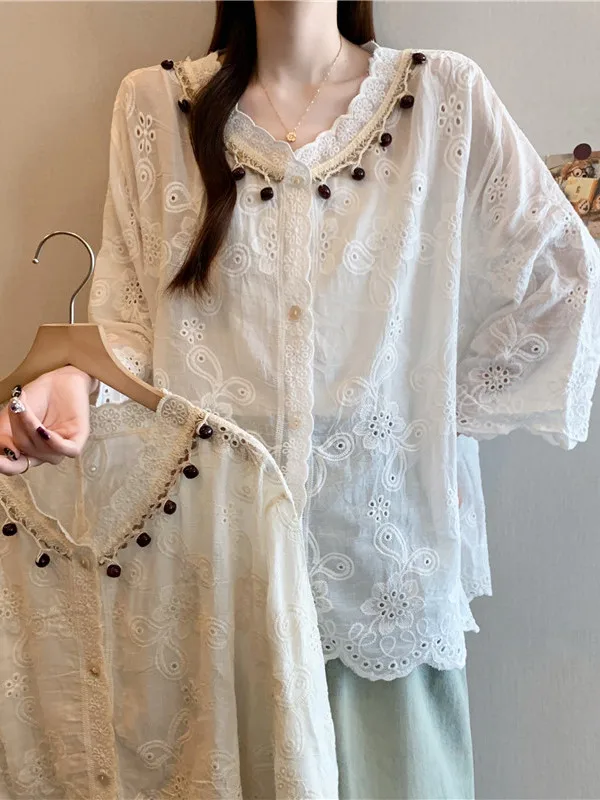 سترة مفتوحة من الدانتيل واللؤلؤ المطرز لربيع وصيف جديد Sle مقاس كبير للنساء فضفاضة من القطن irt سبعة أزرار Sve #3