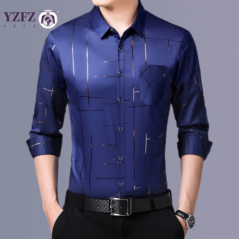 Camisa estampada de manga larga informal y de moda para hombre Top de negocios resistente a las arrugas sin planchar