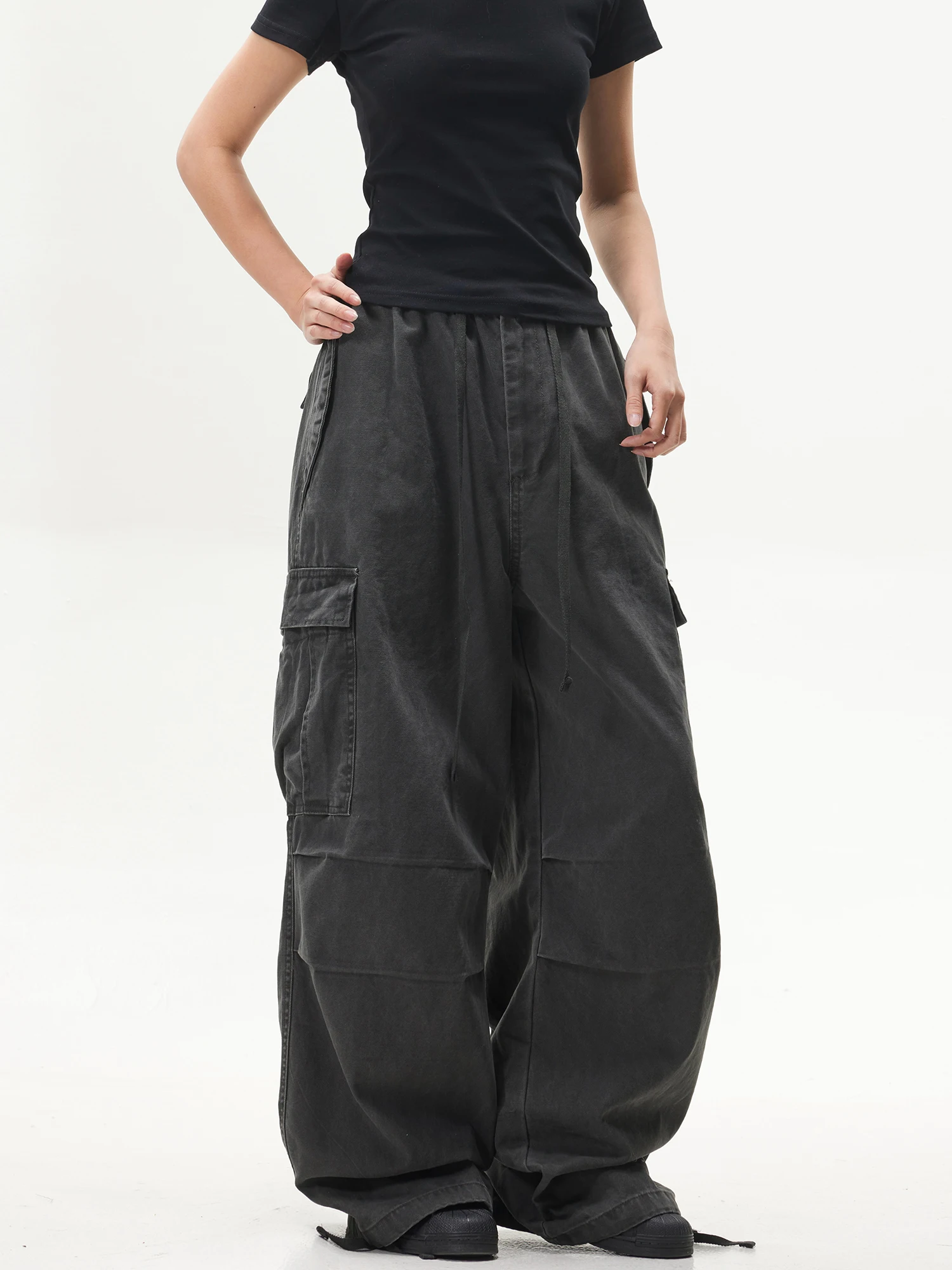 

Wild American Street Sle Waed Vintage Loose Multi-ket Work Pants Men's Wide Leg Trendy Brand Dstring Trousers