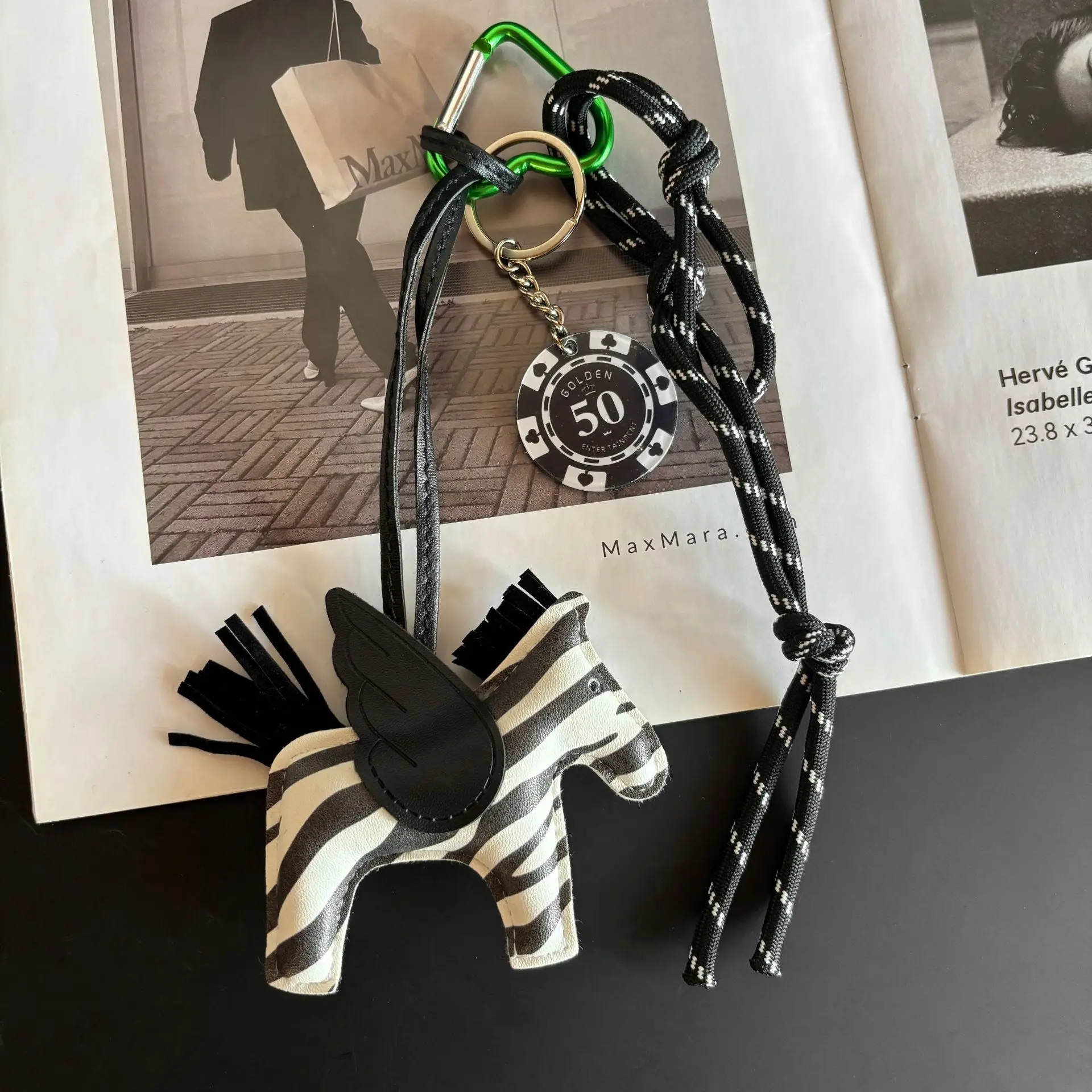 Small Pegasus bag charm black and white zebra PU leather braided rope chip code keychain for boys and girls pendant