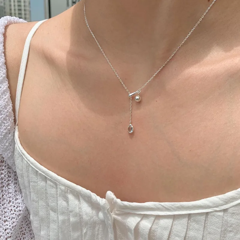 

44cm Silver 925 Necklace Blue Water Drop Pendant Minimalist Fashion 925 Silver Adjustable Necklace For Women Jewelry Daily Round