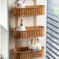 No Punching Bathroom Shelf Imitation Rattan Woven Makeup Organizer Multi-layer Storage Baskets Hollowed Out Shampoo Holders