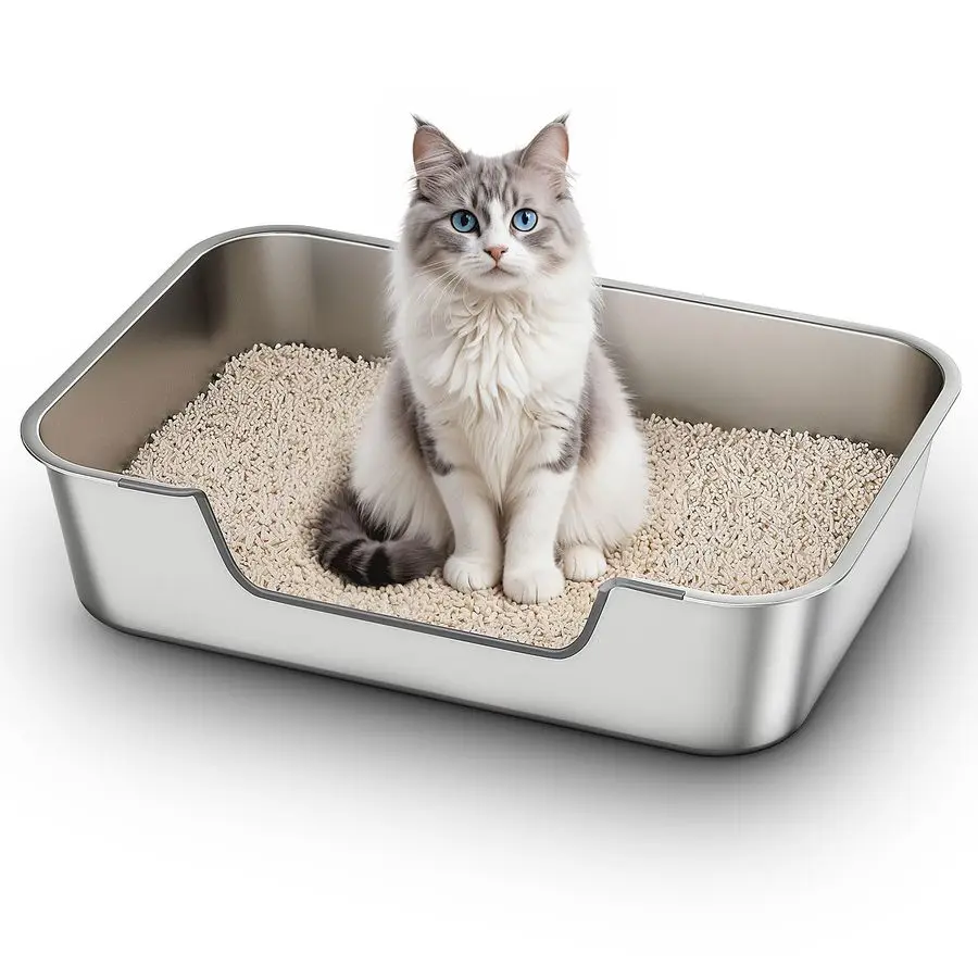 

Стальной лоток для кошек с низким входом, большой металлический лоток для пожилых или травмированных кошек, без запаха, с антипригарным покрытием, легко чистится.