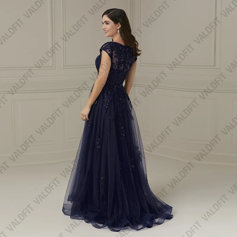 Personalizado longo uma linha azul marinho mãe da noiva vestidos mangas boné para casamento vestido de festa à noite vestidos de fiesta