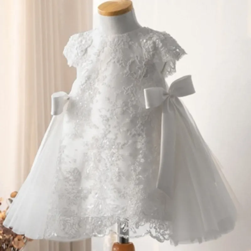 Baby Girl Princess Lace Dress Bow Short Sleeve Infant Toddler Child Vintage Vestido Party Wedding Birthday Baby Clothes 1-12Y