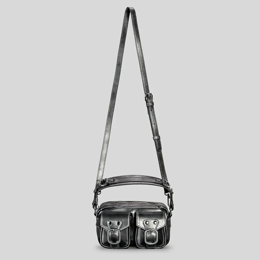 Vintage Multiple Pockets Rivet Women Handbags Box Silver Pu Leather Shoulder Crossbody Bags Camera Shaped Messenegr Bag 2024