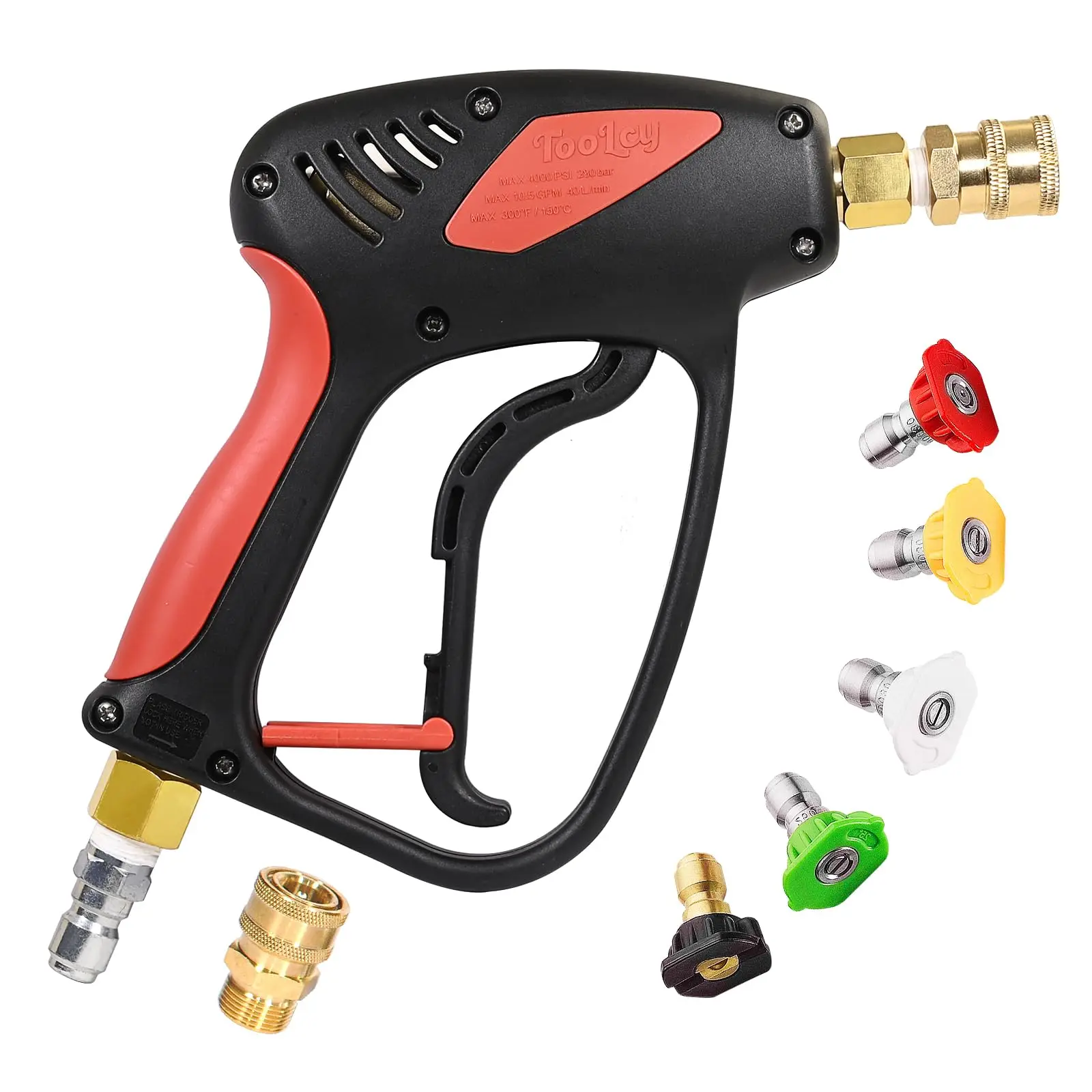 

High-Pressure Washer Trigger Gun With Swivel Joint, 4000 PSI, 3/8 Male Plug, 1/4 Quick Connect, And Five Color-Coded Nozzle Tips