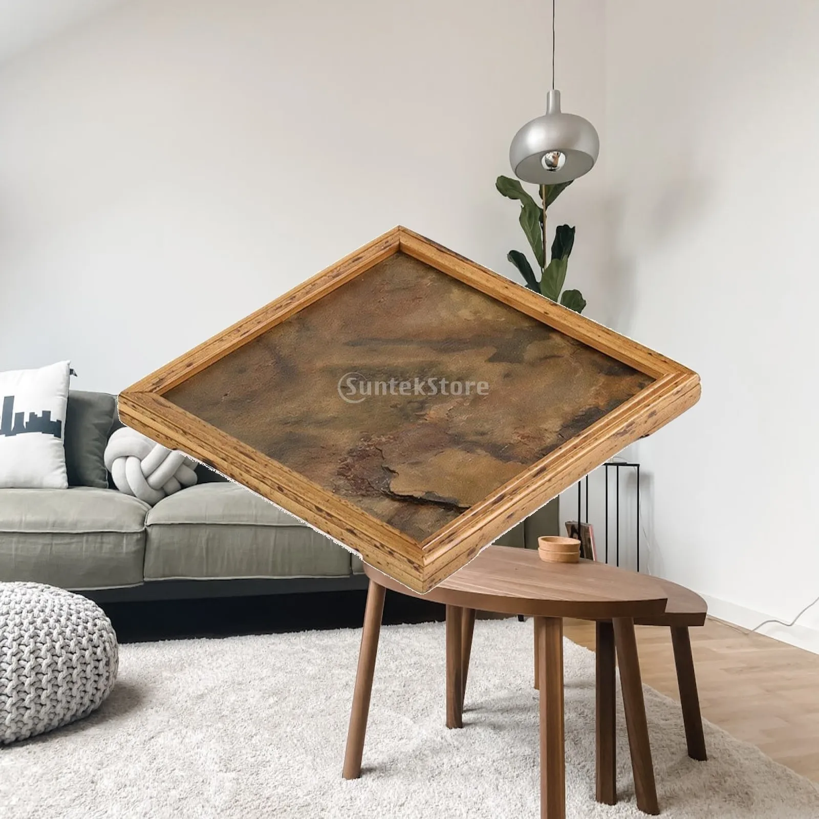 Tea Tray with Bamboo Frame Slim Tea Tray with Stone Inset Elegant Compact for Dry Brewing