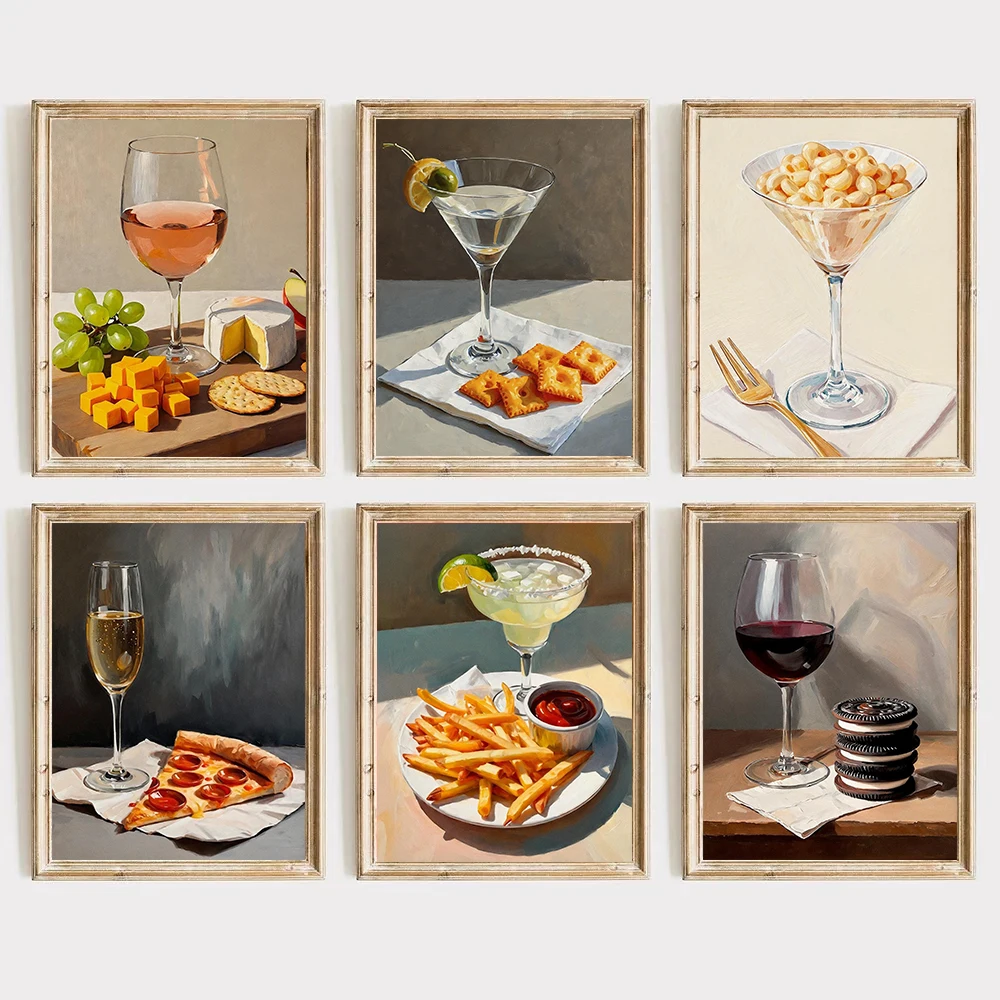 Trendy Kitchen Food Martini and Cheese Crackers Cocktail Pizza Elegant Poster Canvas Painting Wall Art Pictures Home Decor