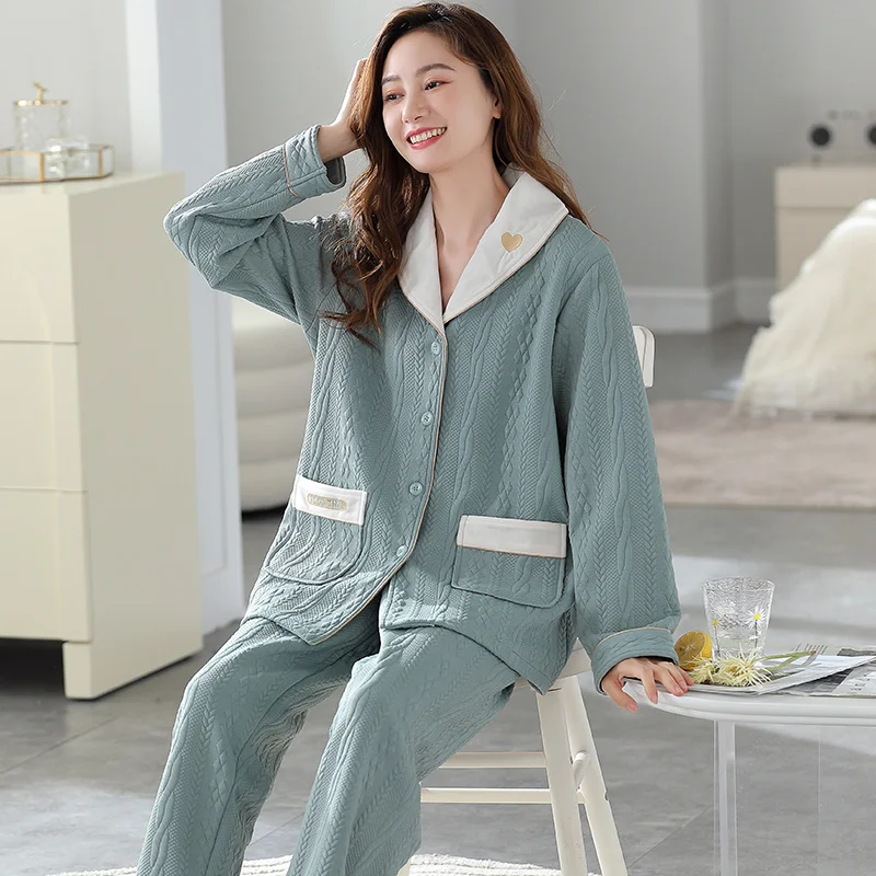 Pyjama à manches longues pour femme, ensemble deux pièces, coton, trois couches, matelassé, épais, vêtements de maison, automne, hiver