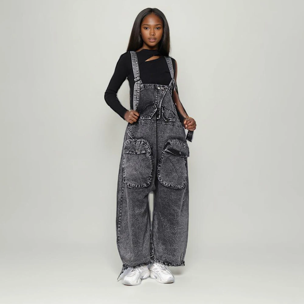 

Streetwear Denim Jumpsuits For Women Square Collar Sleeveless Patchwork Pockets Oversize Solid Jumpsuit Female Summer