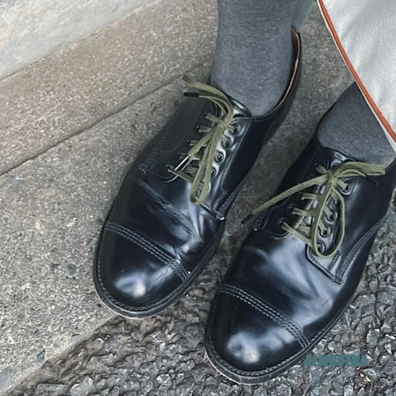 

Lace-Up Low Heel Men's Cap-Toe Derby Shoes Round Toe Black Genuine Leather Urban Outdoor Minimalist Fashion Business Shoes