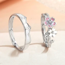 CYJ European S925 Sterling Silver Pink Cherry Blossom Couple Ring Adjustable For Women Men Birthday Party Wedding Gift Jewelry