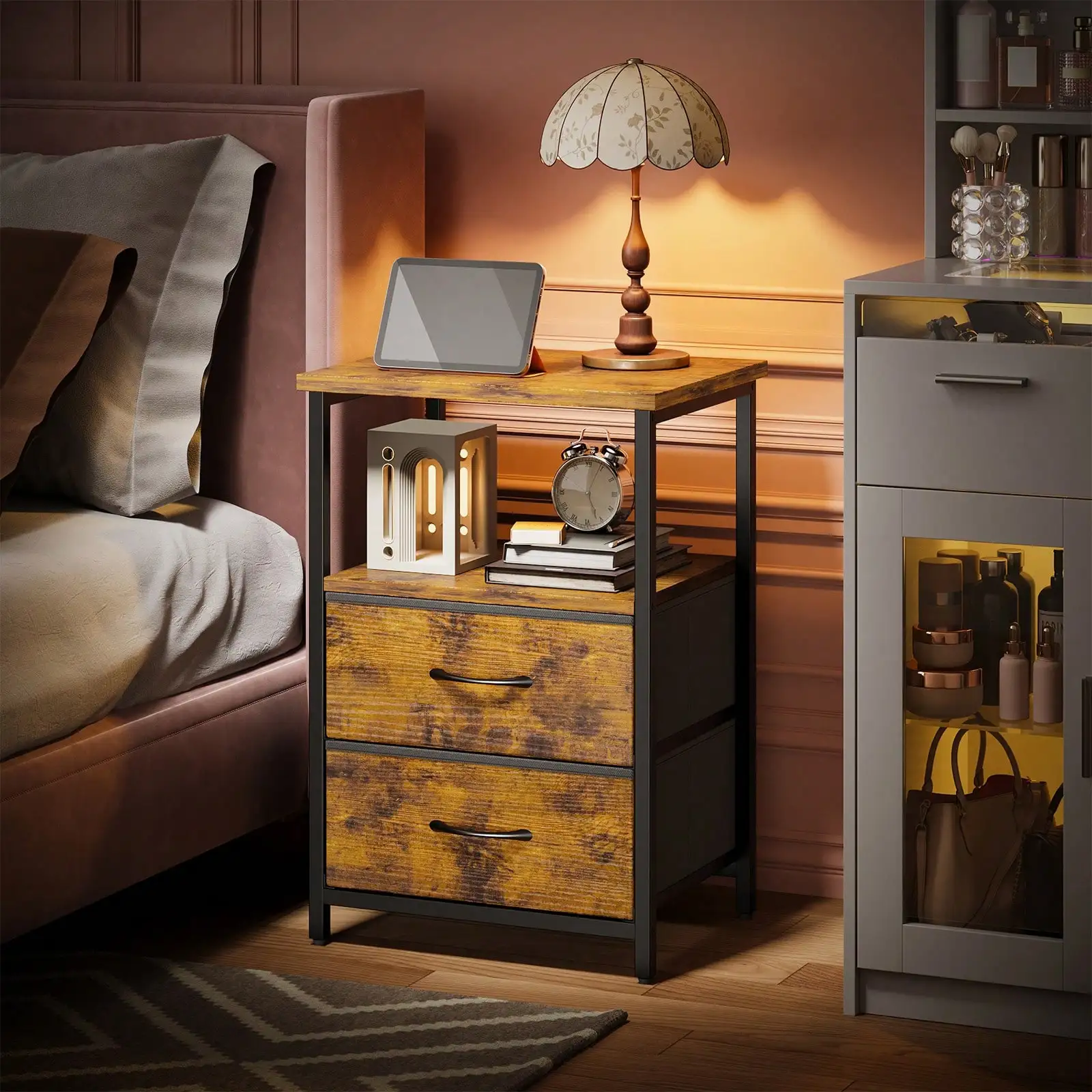 1 Or 2 Drawers Night Stand, Nightstand With Fabric Drawers, End Table With PU Finish, Bedside Table, Bedroom Furniture