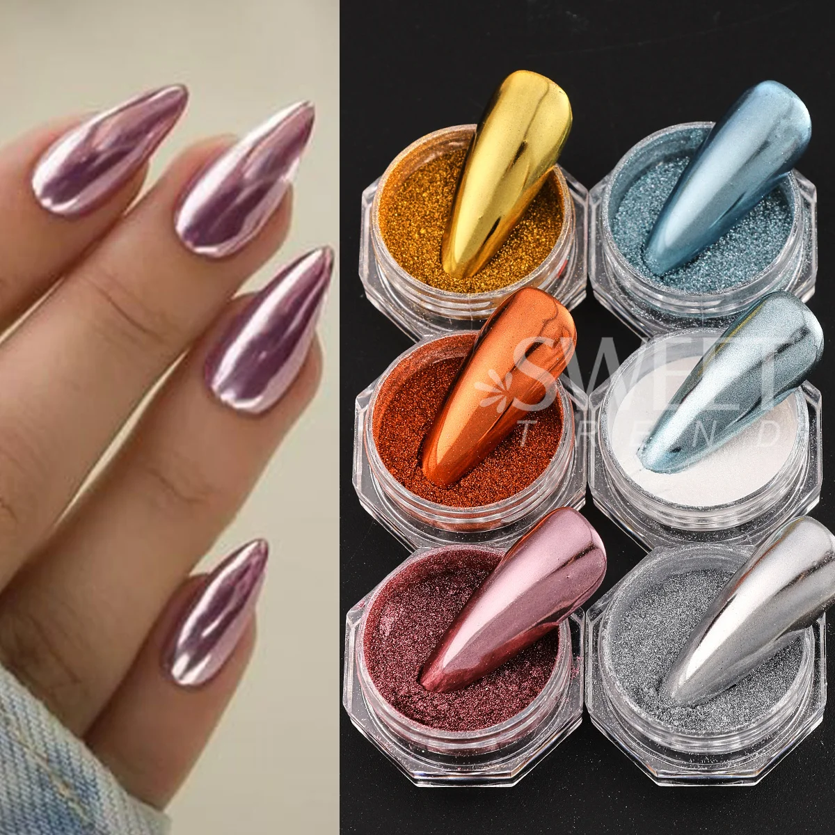 6 pçs ouro prata metálico prego espelho em pó y2k metal azul glitter jóias verão aurora cromo poeira decoração manicure flash