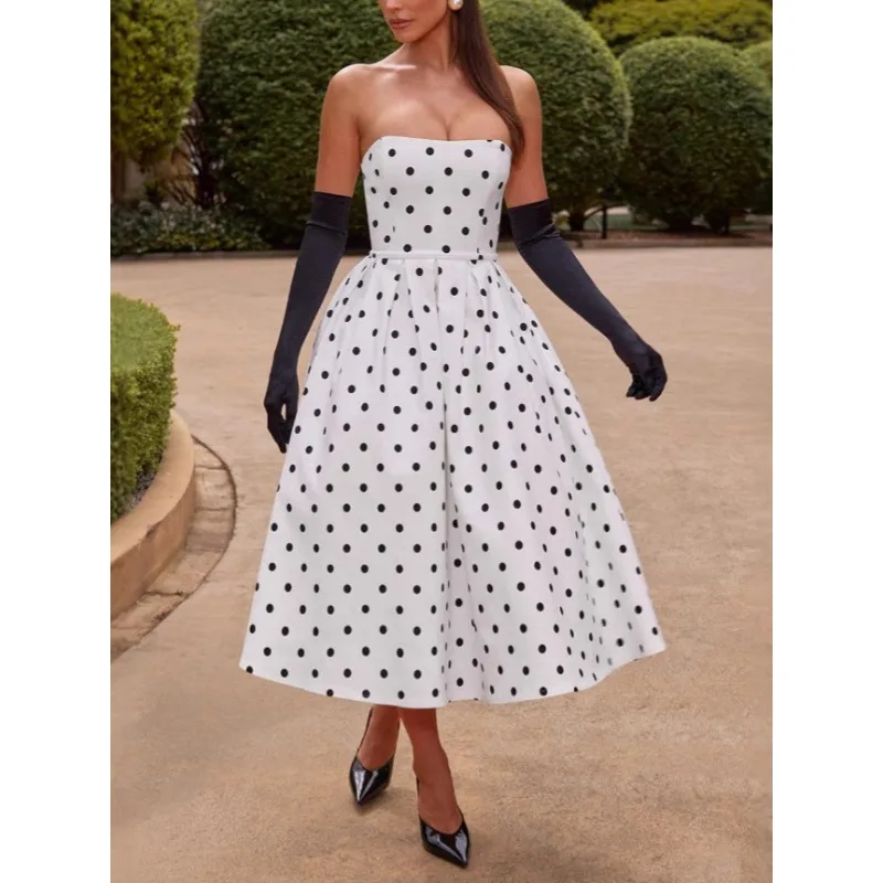 Vestido de cóctel sin tirantes con hombros descubiertos para mujer, elegante vestido de noche Formal para graduación y boda con falda plisada de lunares