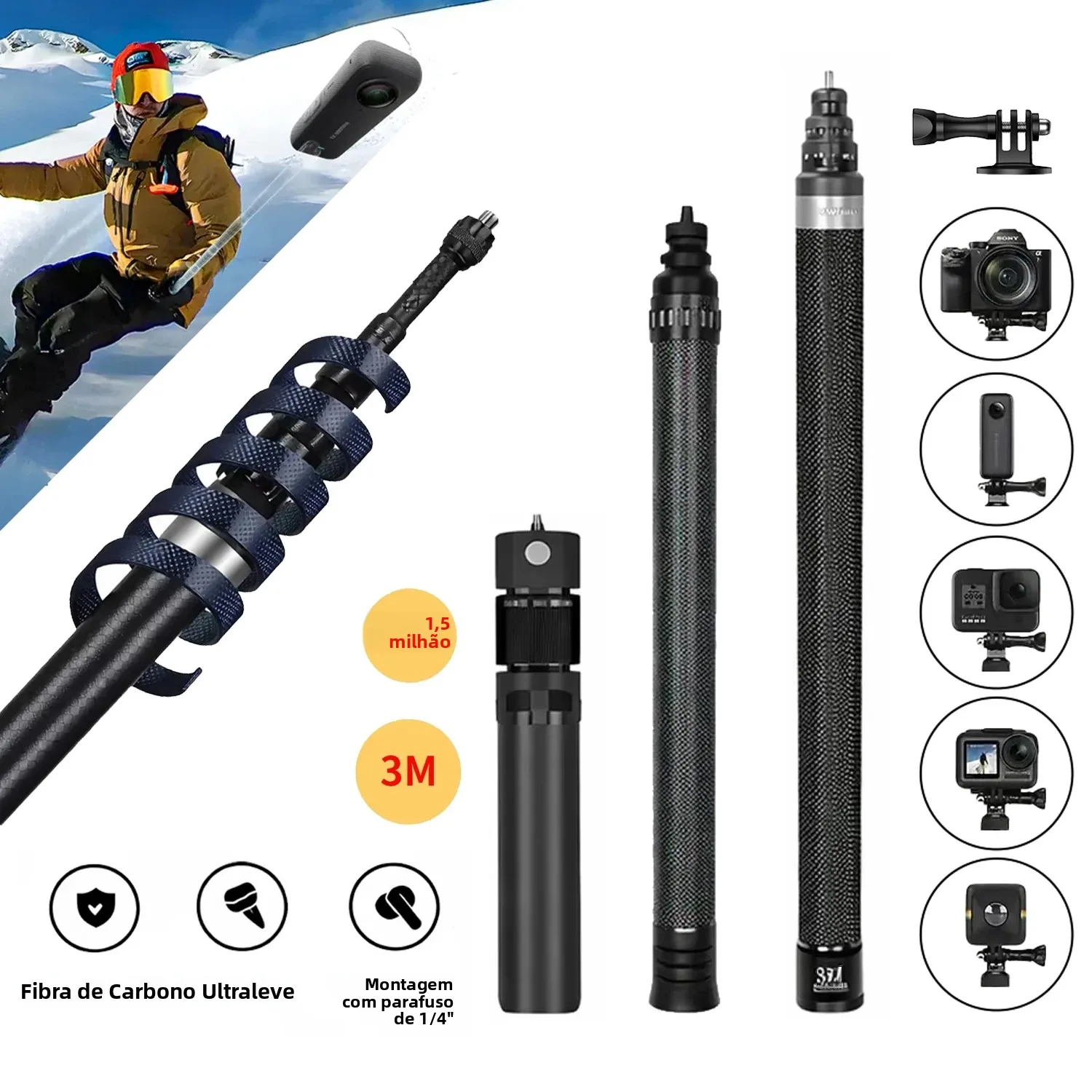 Bastão de Selfie Invisível de Fibra de Carbono para Insta360 X5 X4 X3, 1.5m 3m, Kit Tripé com Alça para Acessórios Insta 360