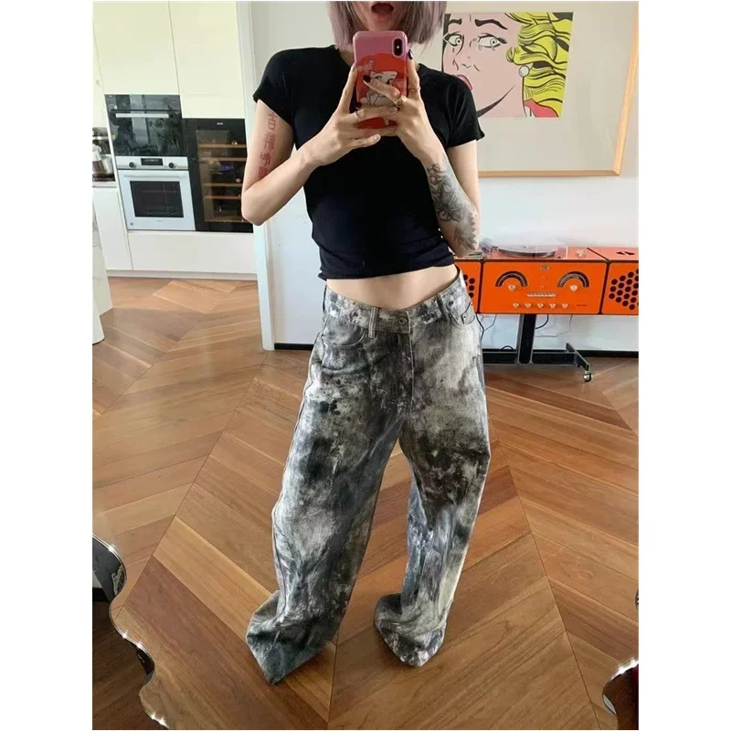 Blaue Damenjeans Hip-Hop Mode Vintage Streetwear Y2K Weites Bein Gerade Jeans Hohe Taille Hose Klassische Baggy Denim Hose