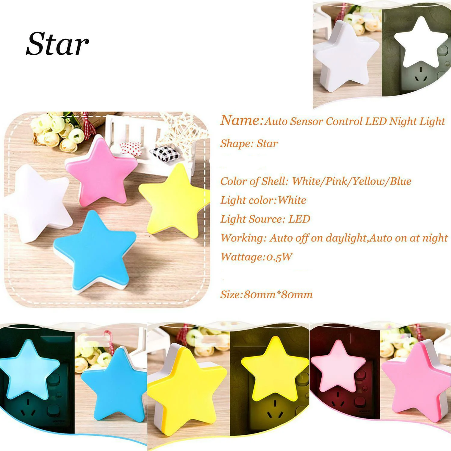 Light Sensor LED Night Lights Cute Star Auto Control US EU Plug-in White Blue Yellow Pink For Kid's Bedroom Corridor Stairs