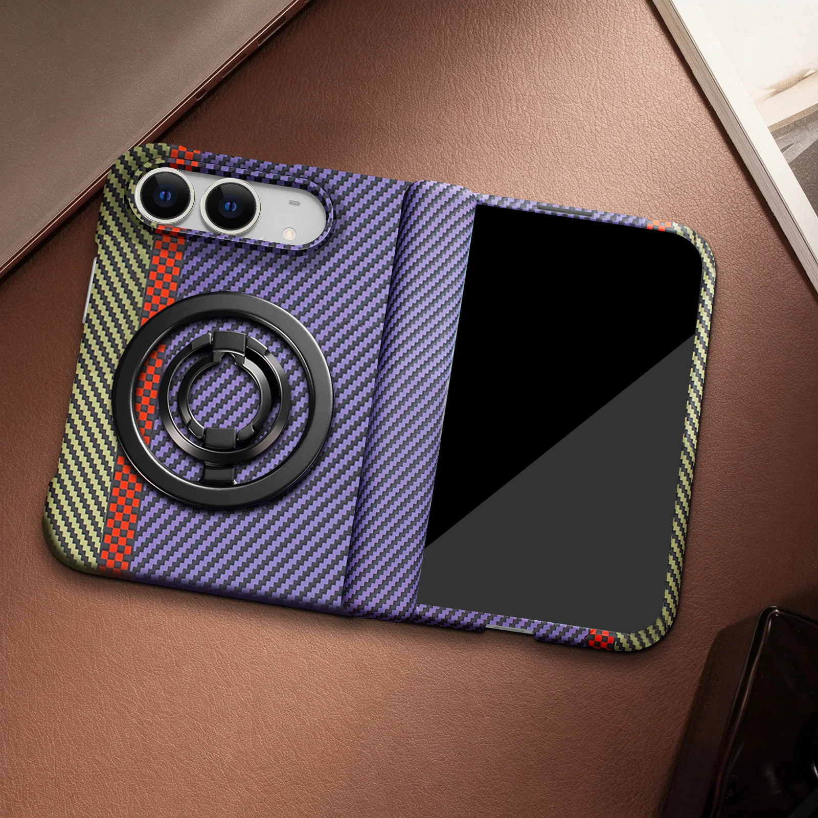 2 in 1 Detachable Rotating Magnetic Bracket Carbon Fiber Case for iPhone Duo Hinge Protection‌ For Magsafe Film-Integrated Cover