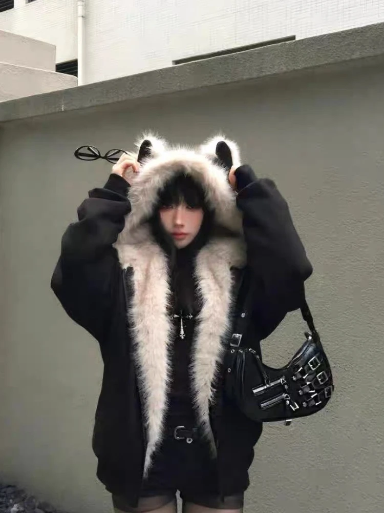 Y2k الأمريكية خمر سترات طويلة الأكمام مقنعين المرأة آذان القط عادية معطف لون نقي فو الفراء طوق الشارع الشهير 2025 الخريف