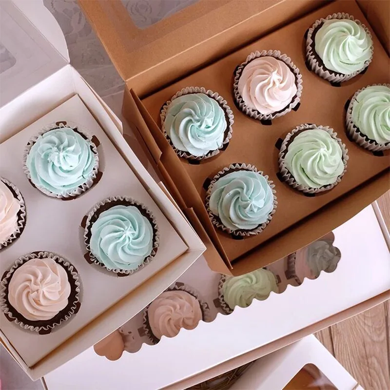 

30pcs Wholesale Paper Cake Box Blue/Brown Kraft Paper Box 1/2/3/4/6 Hole Cupcake Packaging Box Wedding Birthday Party Box Carton
