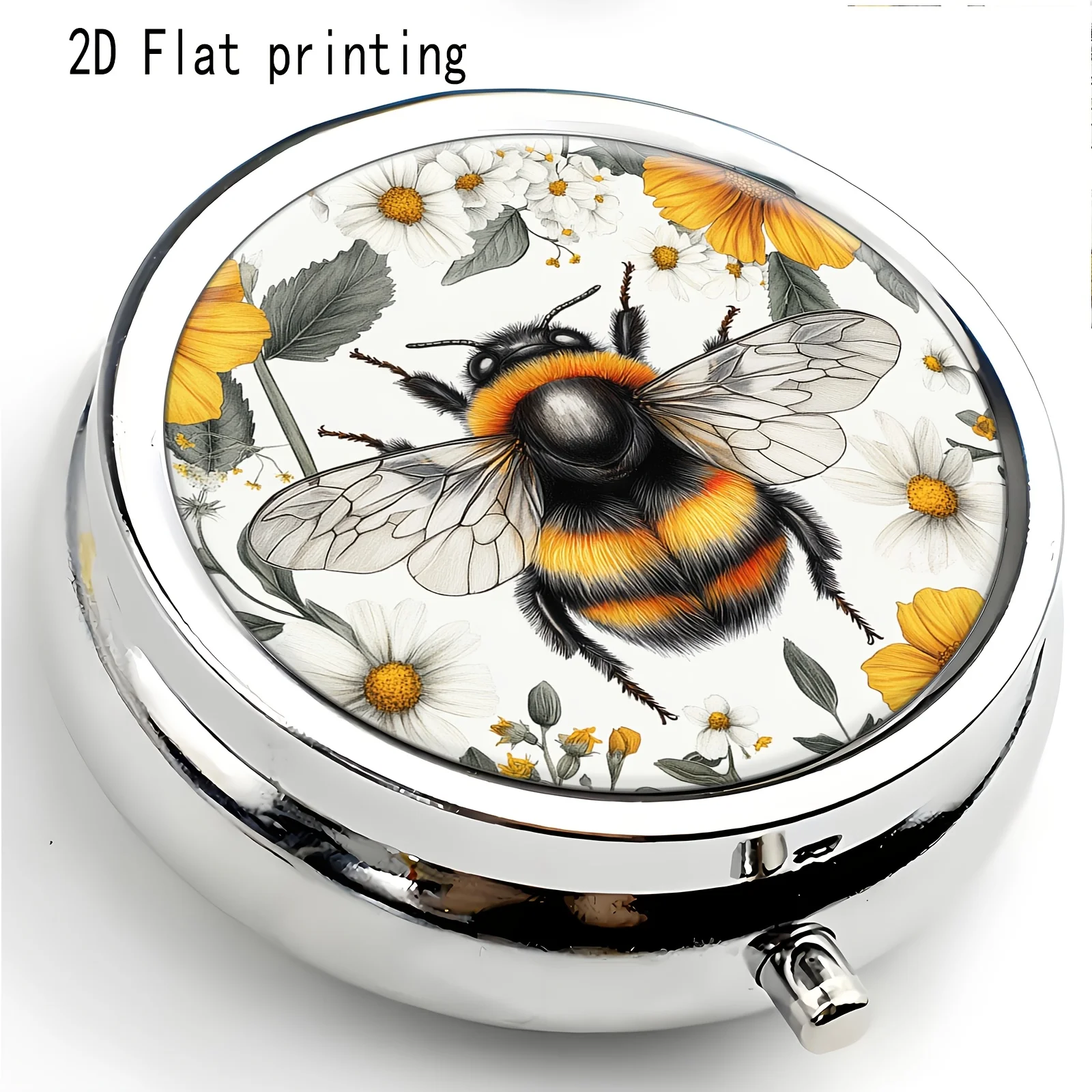 Pill Box with Daisy and Bee Illustration, Forest-Style Fresh Metal Material Suitable for Various Occasions, Exquisite and Convenient Compartmentalized Design, Portable Safety Box, Compact Jewelry Box, Ideal for Gifts, Personal Use, Long-Distance Travel, and General Use