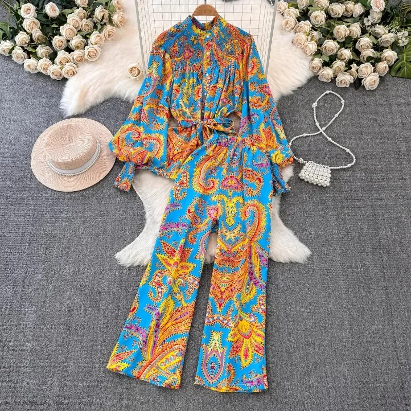 Fashionn Long Sleeve Loose Print Shirts Women+ High Waist Straight Wide Leg Pants  Summer New Two Piece Sets