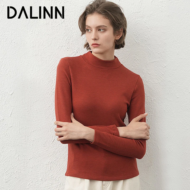 Woman Fleece Thermal T Shirts, Mock Neck, Long Sleeved, Silk Blend Fabric, Basic Tee, 2023 Fall Winter Top, DALINN