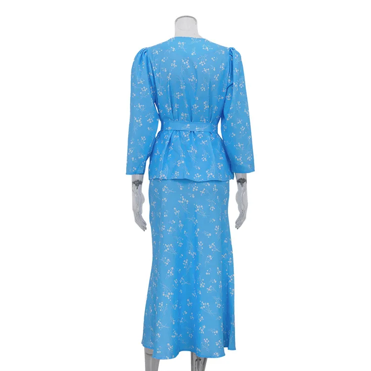 أزياء الخريف فضفاضة طباعة المرأة قطعتين مجموعة 2025 قميص أنيق طويل الأكمام مع تنورة طويلة عالية الخصر مجموعة ملابس الشارع النسائية