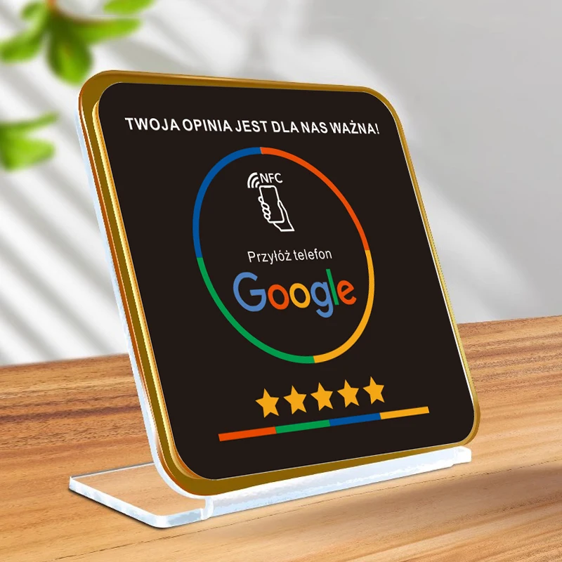 Black German French Dutch Arabic Spanish Polish NFC Acrylic Restaurant Table Display Stand for Google Reviews Social Media