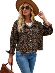 Denim Autumn Leopard Print Jackets Coats Women Casual Fashion Irregular Ladies Cropped Jackets Long Sleeve Loose Woman Coat 2023