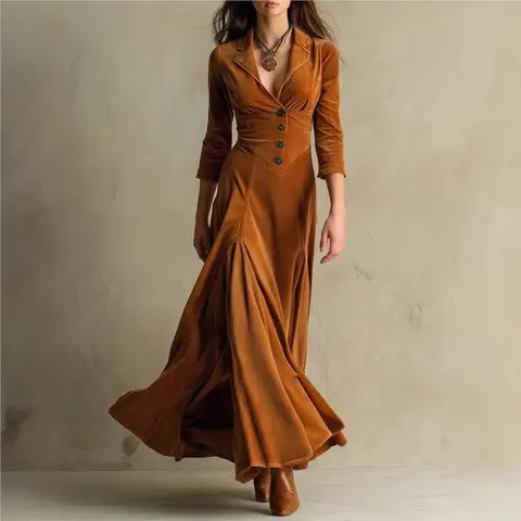Spring Fall Women Suit Collar Velvet Long Dress 2025 New Slim Elegant Office Lady Velour Dresses
