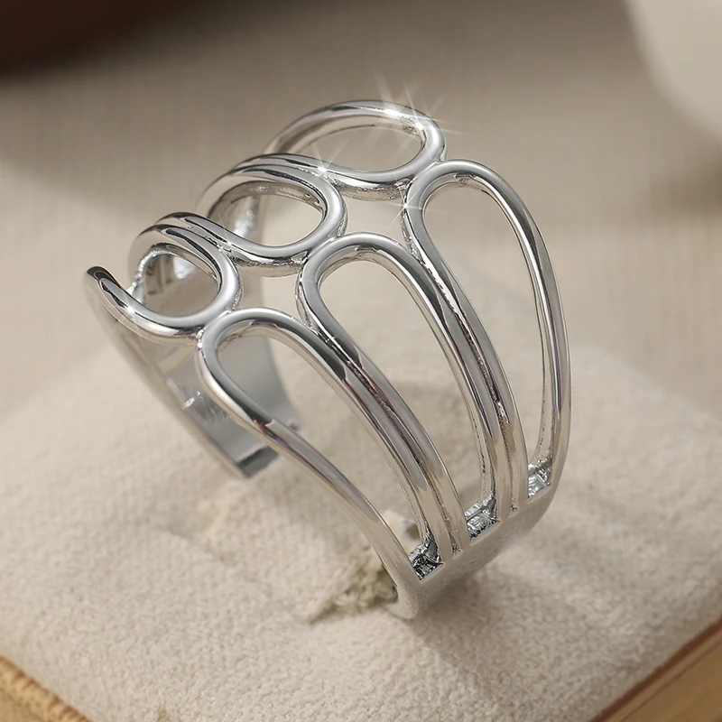 Vintage handgeschnitzter hohler Damenring aus silberfarbenem Metall mit geometrischem Design für den täglichen Gebrauch, Partyschmuck, Jubiläumsgeschenk. – Detail 1