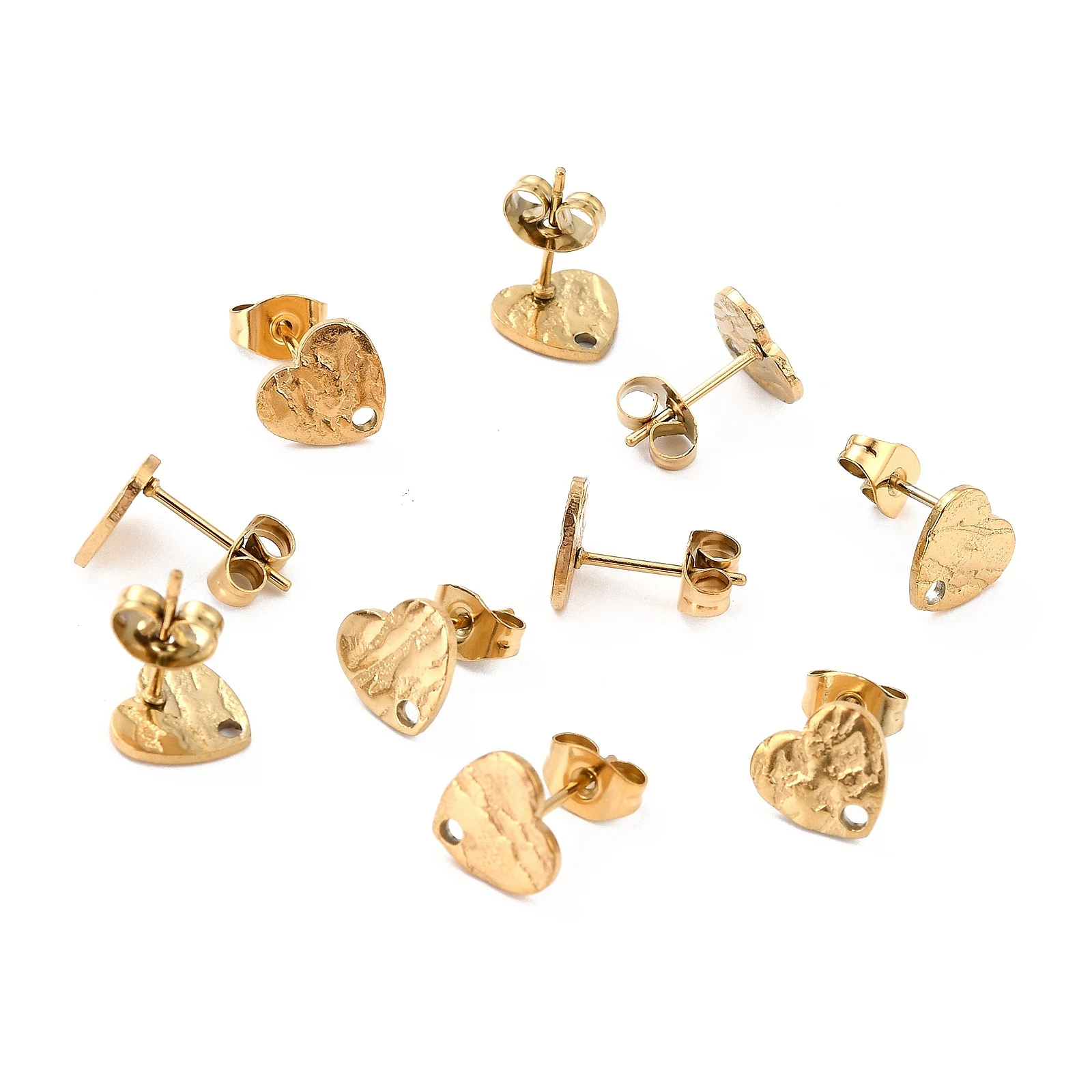 

10pcs Textured Heart Ear Studs Base 304 Stainless Steel Blank Earring Stud Findings with Ear Nuts for Fashion Jewelry DIY 12x9mm