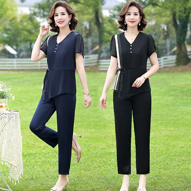 Spring Summer Elegant 2 Piece Pant Sets Women V-neck Tops & Pants Outfits Fashion splicing Workwear Pant Set