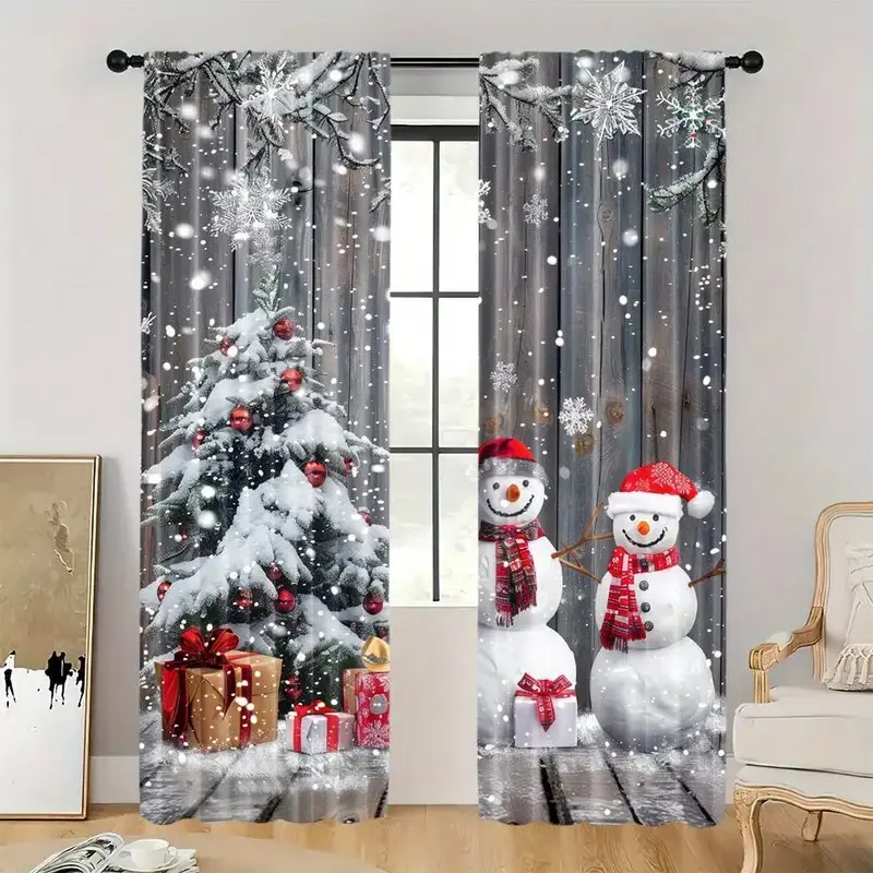 

2 Pieces - Christmas snowman, gift and snowflake pattern printed curtains, home decoration, room decoration