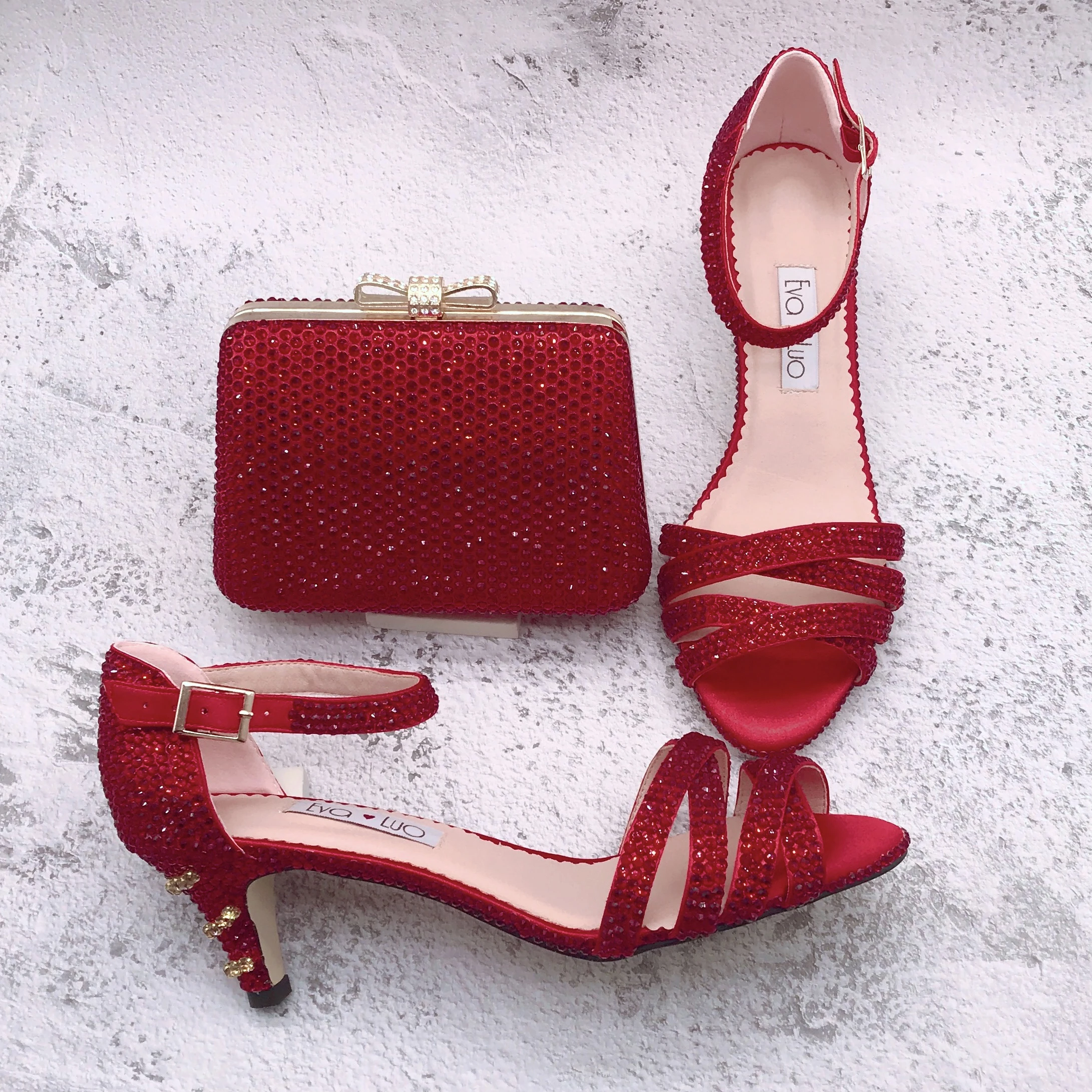 

BS1616 Customizable Handmade Dress Sandal Women Shoes Bridal Wedding Shoes Strappy Red Crystal Shoes With Matching Bag Set