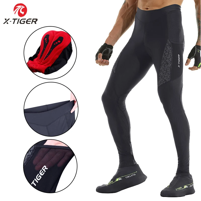 X-TIGER Mens Cycling Pants 5D Padded Road Bike Long Legging Tights with 2-Pockets for Outdoor Riding Bicycle