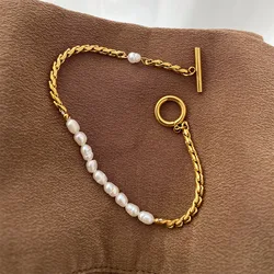 Stainless Steel Personality Design Baroque Pearl Beaded Bracelet for Women Luxury Gold Color Twist Chain Jewelry Gift Colorfast