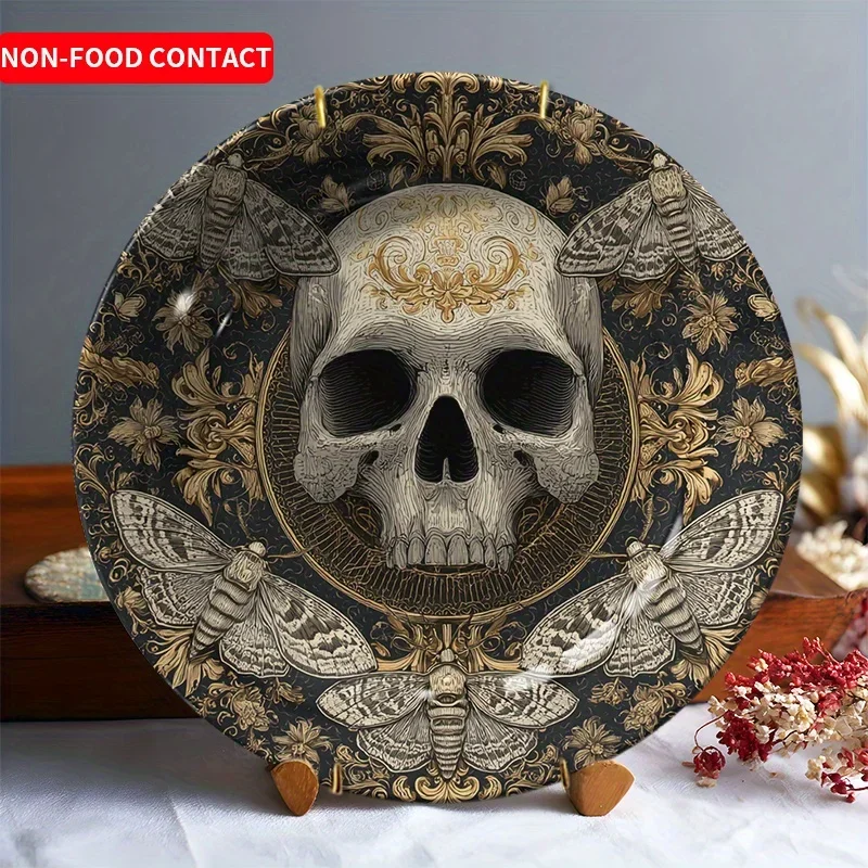1pc Gothic Ceramic Decorative Plate - Skull Crown with Floral Patterns, Black & Golden Gothic Home Decor, Non-Food Contact