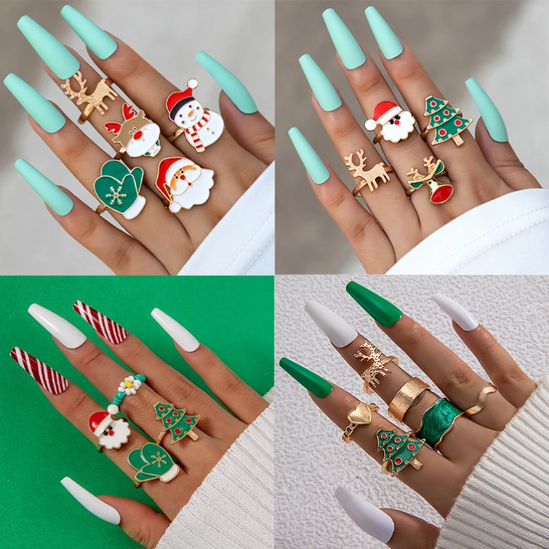 WANZHI 4PCS Christmas Drip Oil Rings for Women Exquisite Metal Elk Christmas Tree Geometric Ring Set Fashion Jewelry Accessories