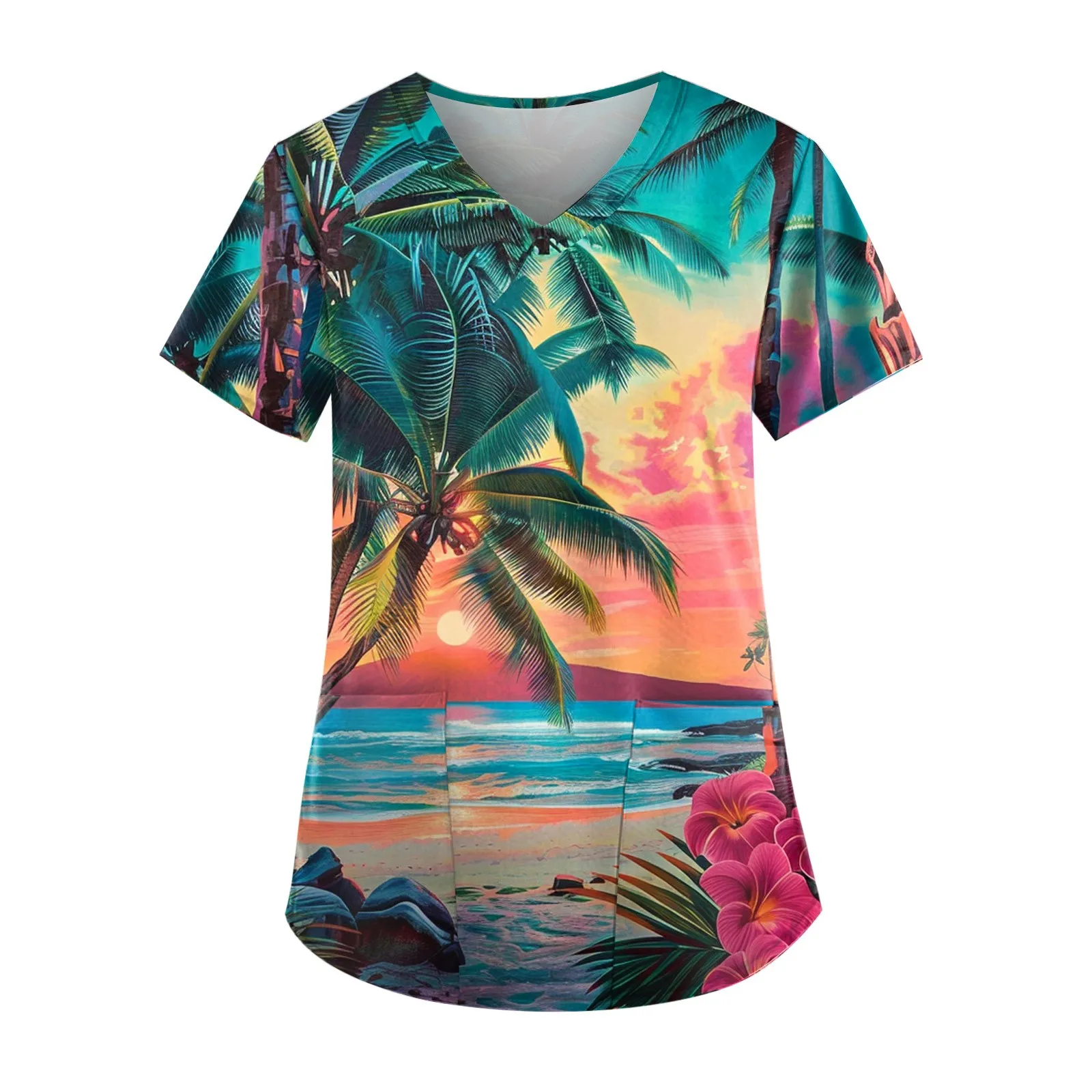 Damska bluzka medyczna z nadrukiem liści, luźna, miękka, z dekoltem w serek, z krótkim rękawem, idealna dla pielęgniarek i personelu medycznego.