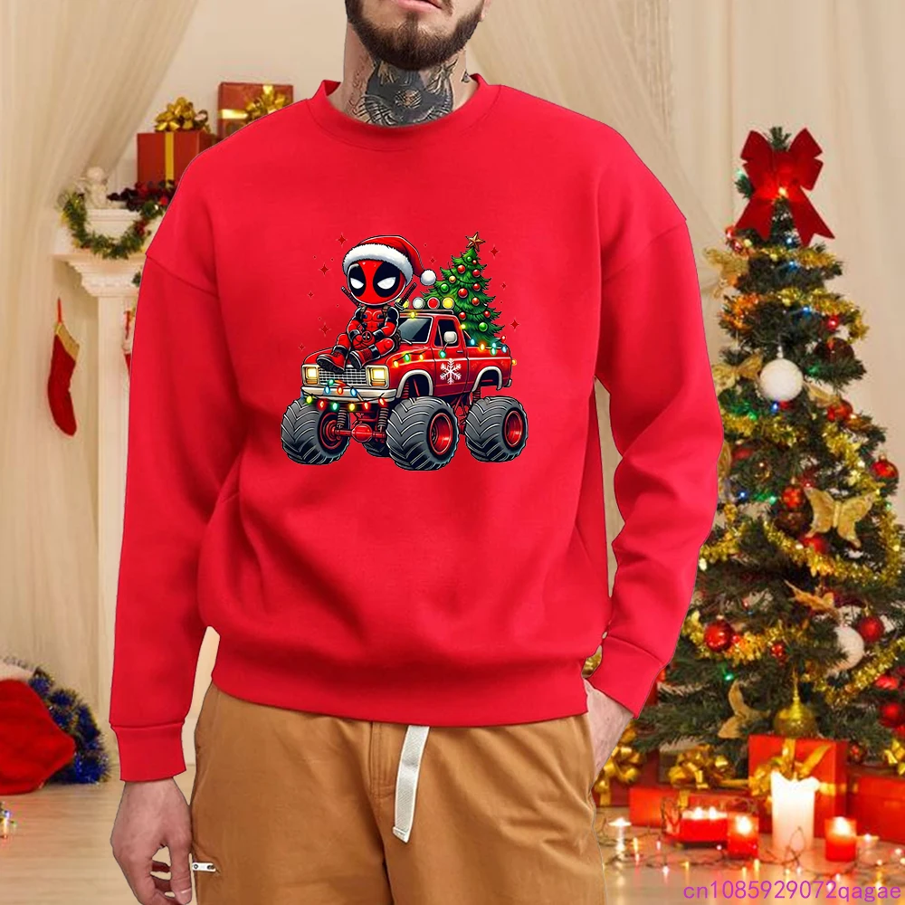 

New Men's Deadpool Christmas Truck Christmas Tree Print Sweatshirt Outdoor Long-Sleeve Crew Neck Christmas Pullover Top