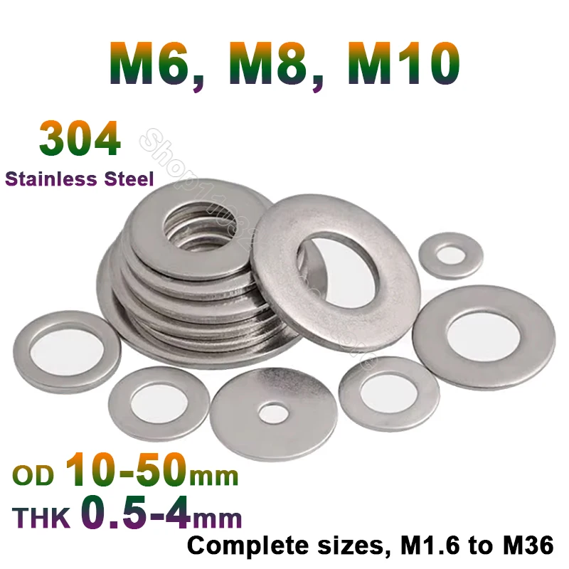 

1-50pcs 304 A2-70 Stainless Steel Flat Washer M6 M8 M10 Shim Metal Plain Gasket Rings Meson Plain Washers Spacer Thick 0.4-4mm