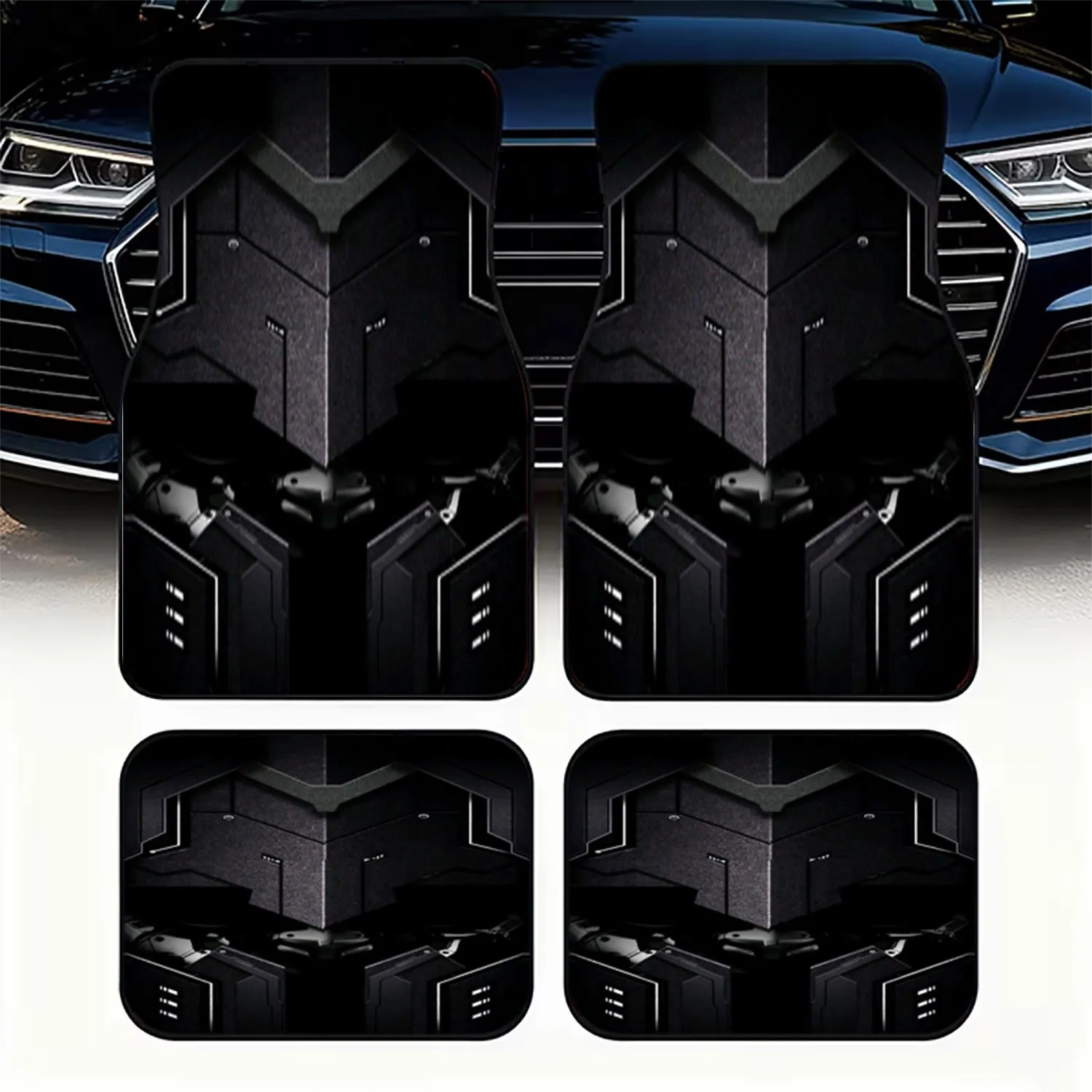 Set Of 4 Automotive Floor Mats Featuring A Modern Armored Helmet Design, Made From Polyester, Perfect For Enhancing The Interior