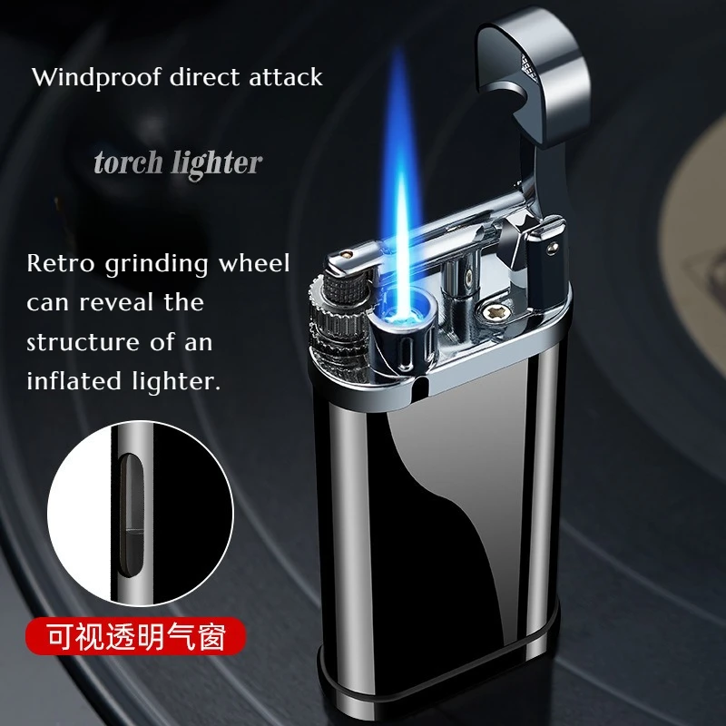 NEW Lighter Retro Grinding Wheel Lighter Transparent Inflatable Blue Flame Shoots Straight Into  Hand for Your Boyfriend