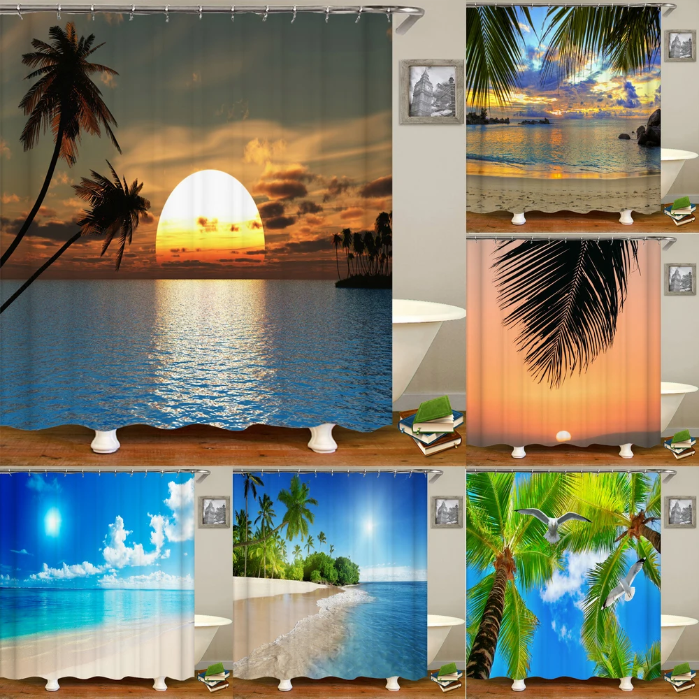 Bathroom Waterproof Shower Curtain Sunset Dusk Beach Scenery Seaside Printing Polyester Home Decoration Curtain With Hook