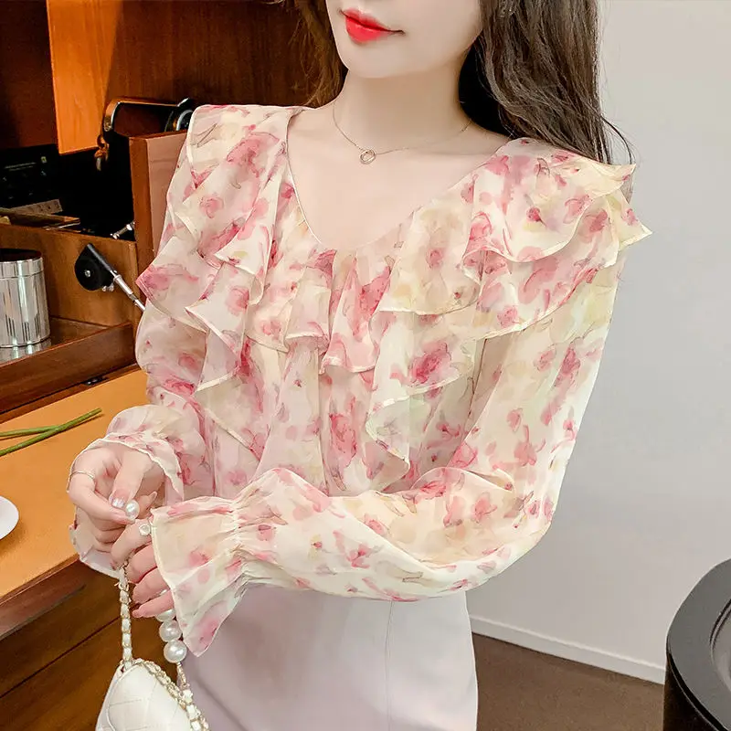 Women\'s Korean Fashion Ruffles Floral Print Sweet Chic Blouse Elegant V Neck Long Sleeve Chiffon Shirt Casual Tops Female Blusas