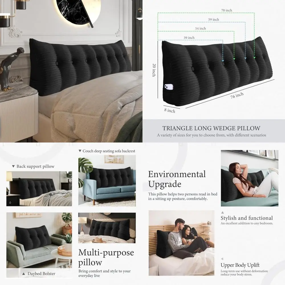 

King Size Bolster Pillow - Fully Stuffed, Thick Headboard Support, Soft and Firm, Large Triangular Wedge for Bed Comfort